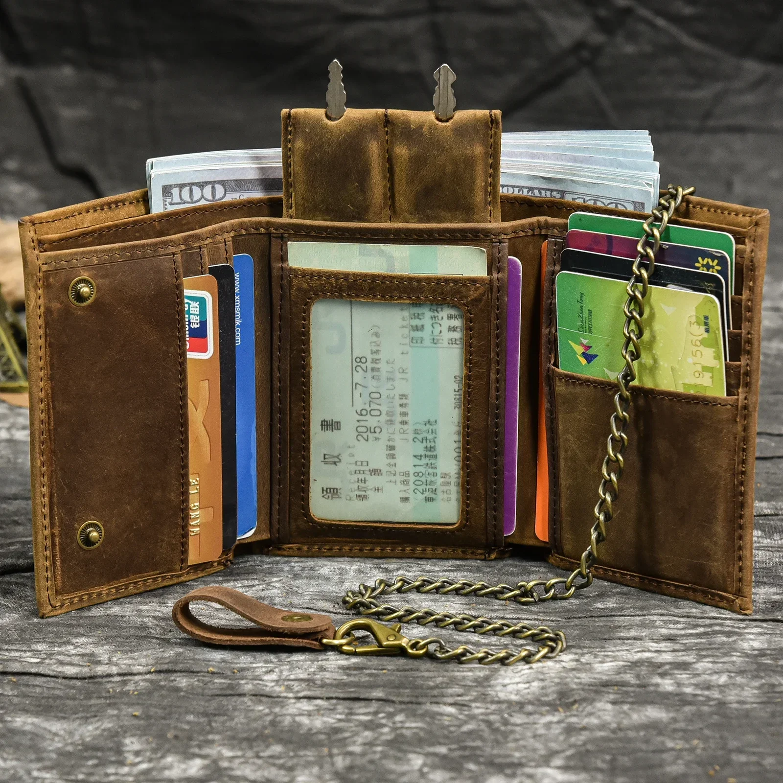 Genuine Leather Men Wallet Card Holder with Iron Chain