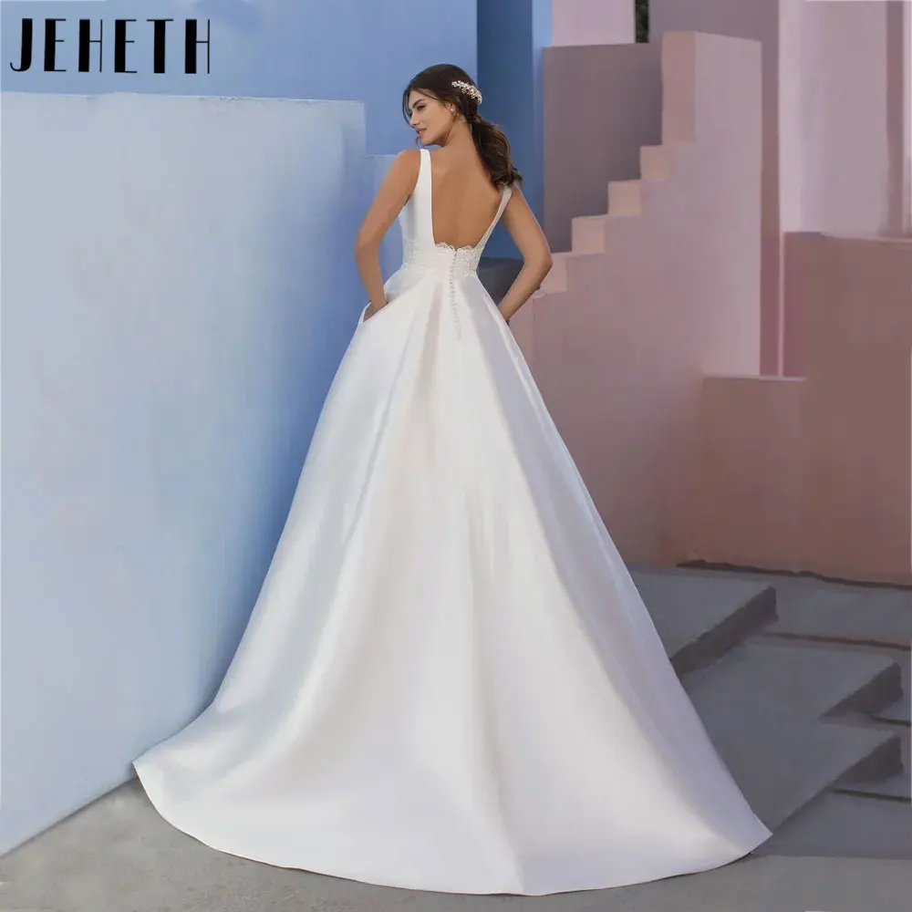 JEHETH Spaghetti Straps Satin V-Neck Bridal Dresses Backless Sleeveless Wedding Gowns Back Buttons Robe De Mariée Custom Made