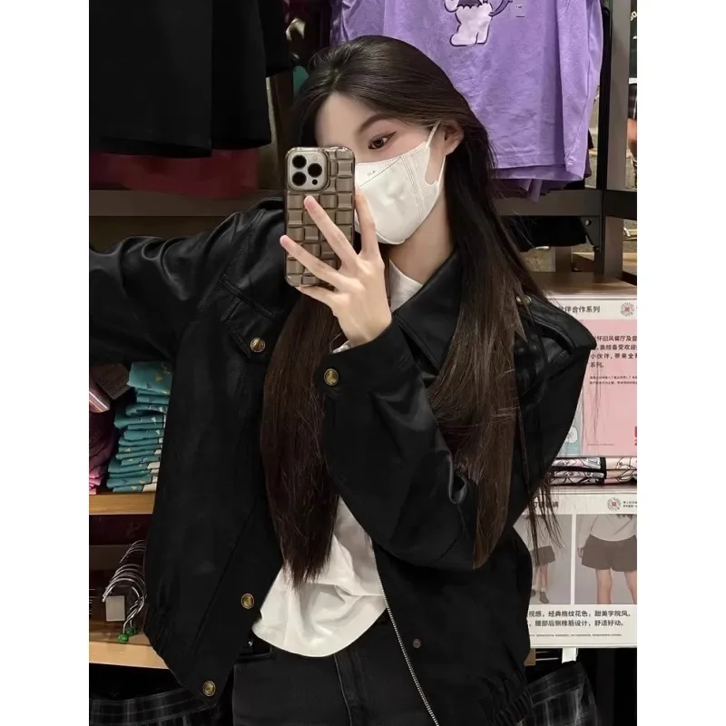 Fat mm American Retro PU Leather Coat Women's 2023 Autumn 2-300 kg Loose Motorcycle Jacket Cardigan ins Commuter Solid Button