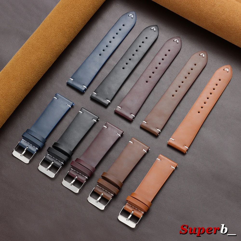 Vintage Brown Leather Watch Band with Quick Release Mechanism - Universal Lightweight Strap