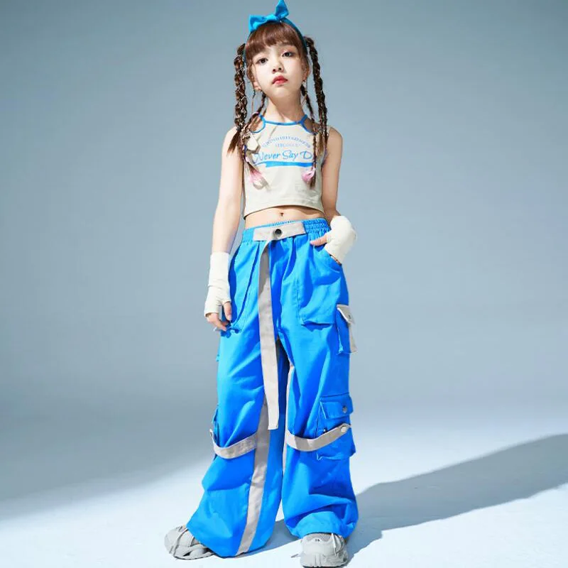 

Kid Hip Hop Clothing Crop Top T Shirt Beige Casual Pockets Drawstring Cargo Pants Street Dance for Girls Dance Costume Clothes