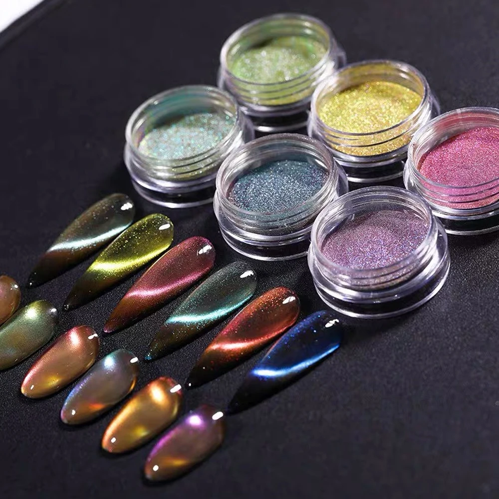 1Jar 3D Chameleon Cat Eye Powder Holographic Chrome Magnet Nail Glitter Dust Pigment 7Color Magic Mirror Nail Powder Supplies nail powder