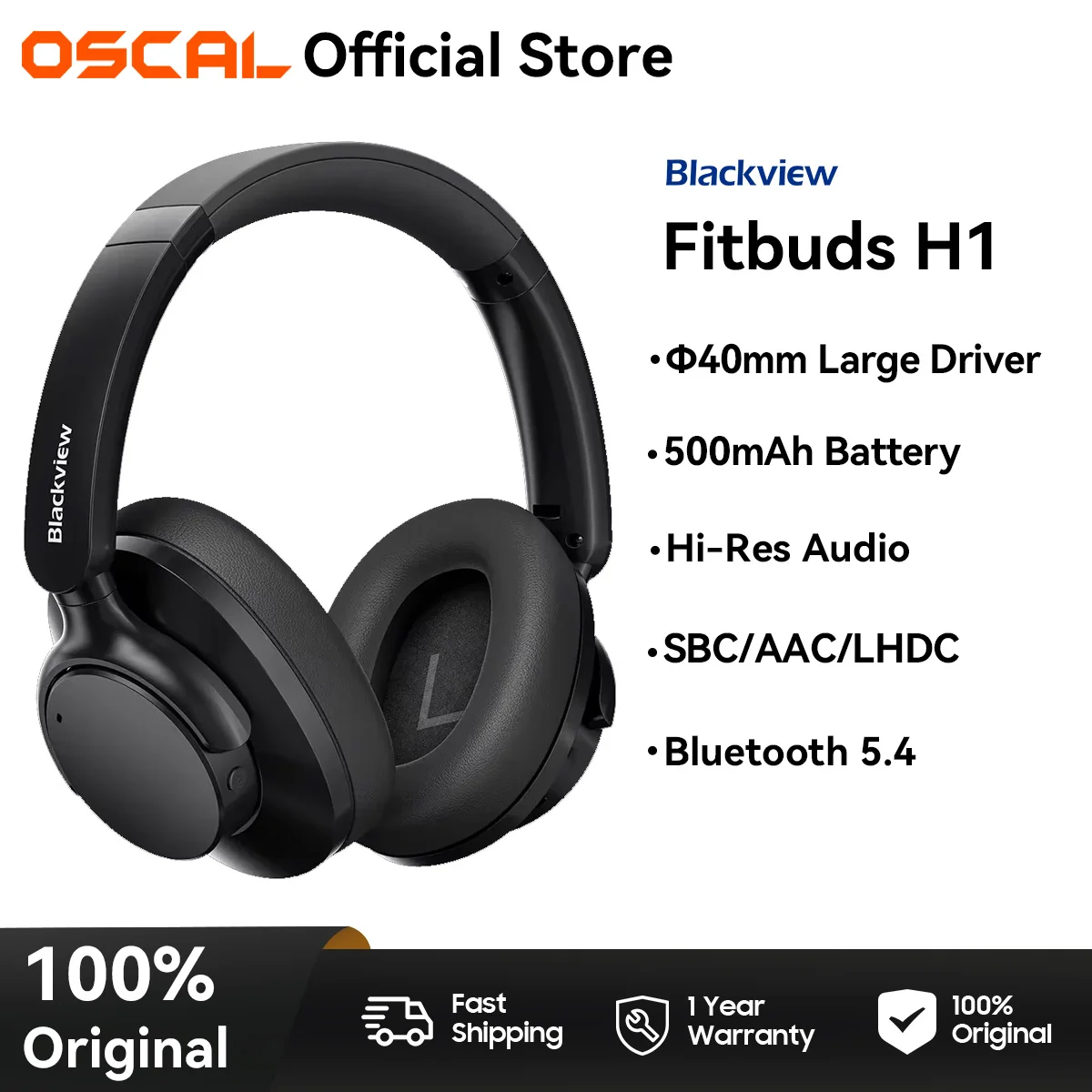 OSCAL Blackview Fitbuds H1 Earphone, Hybrid Active Noise Cancelling Headphones, Hi-Res Audio Over Ear Wireless Headset ANC Mic