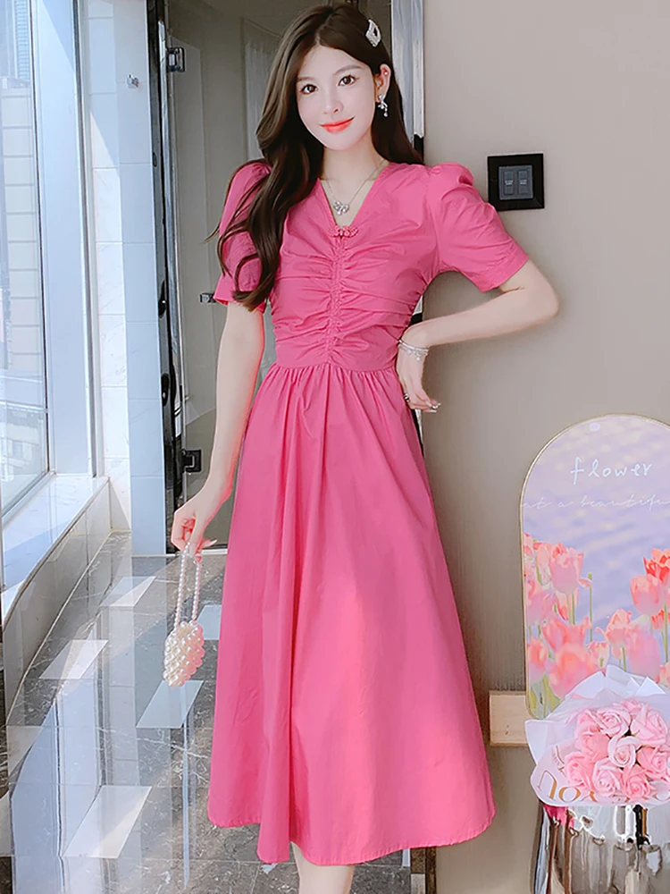 

Женское плиссированное платье миди, однотонное Элегантное повседневное домашнее платье с коротким рукавом и V-образным вырезом, лето 2024