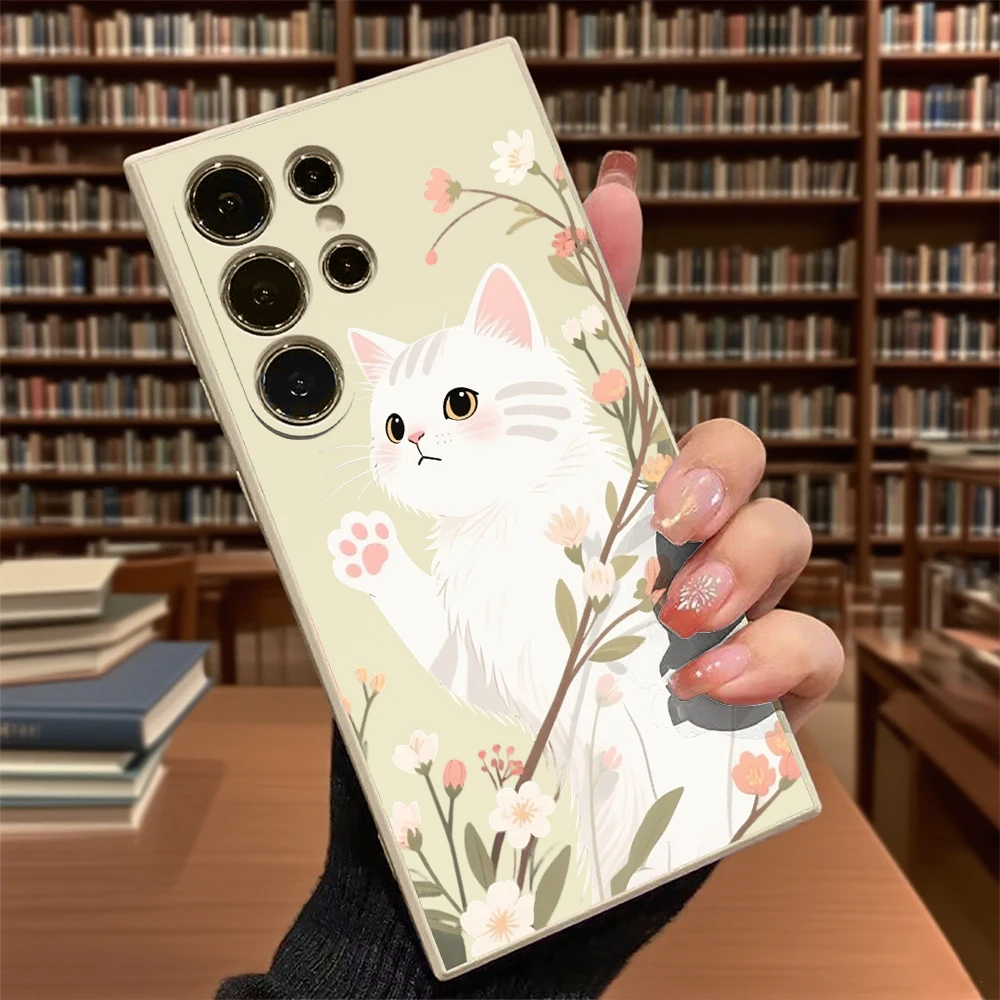Floral White Cat Soft TPU Phone Case - Enhanced Protection Cover