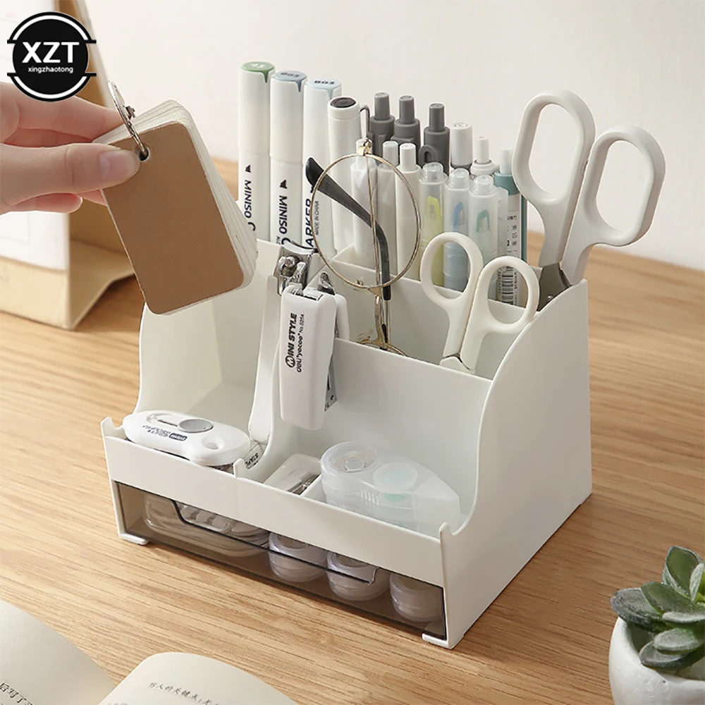4 Color Desktop Organizer Large Capacity Desk Accessories Pen Holder With Drawer Pencil Storage Box School Office Stationery New