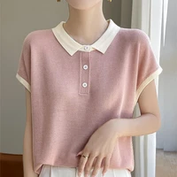 Women's Polo Contrast Color Knitted T-shirts Luxury High Quality Original in Trend 2025 Korean Style Clothing Baggy Female Tee - Image 6