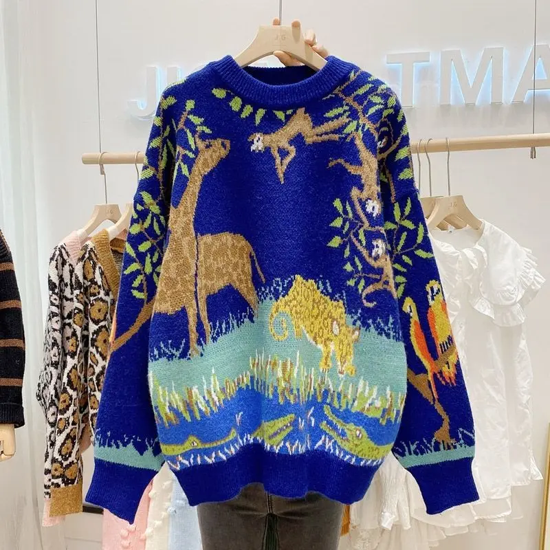 

Женский пуловер с животным принтом, свободный трикотажный свитер в скандинавском стиле ретро, 2022