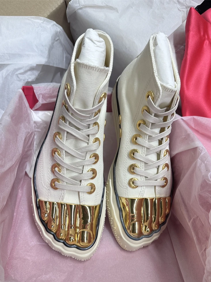Gold Finger Casual Sneakers Men's Thick Soled Canvas Lace Up Flats Shoes for Women Spring Summer Outdoor High Top Couple Shoes 6