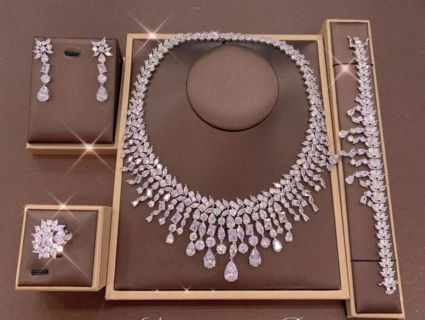 Elegant African Zirconia Bridal Jewelry Set – 4-Piece Necklace Bracelet Earrings Ring