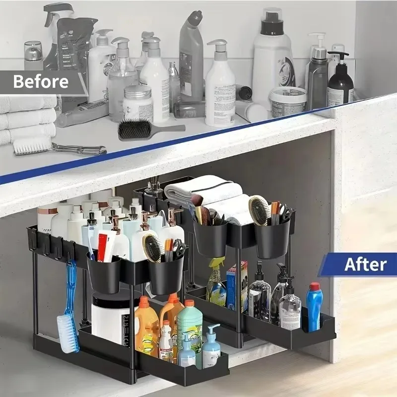 Pull-Out Cabinet Storage Rack Detachable Trays Hooks Bathroom Kitchen Under Counter Space Saving Home Organizationer