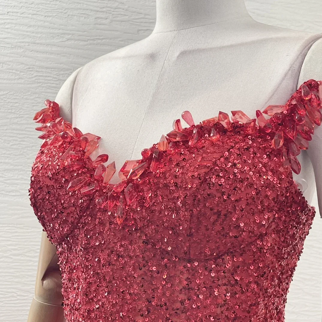 Ladies' 2024 New Club Sexy Red Sleeveless Sequined Slit Hem Diamonds Maxi Dresses 4
