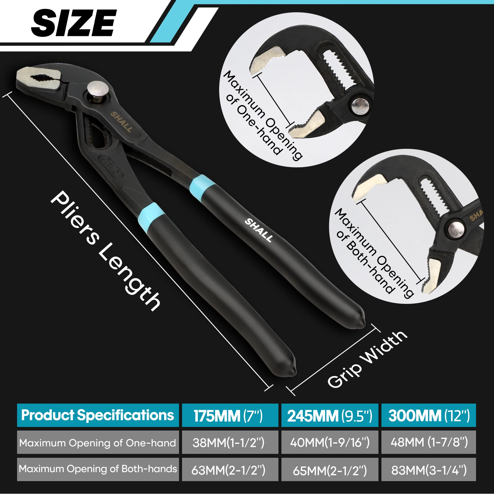 Groove Joint Pliers SHALL 3-Piece Groove Joint Pliers Set (175/245/300mm) Push-Lock Water Pump Pliers In Cr-v Steel Fast Adjustable Tongue with bag