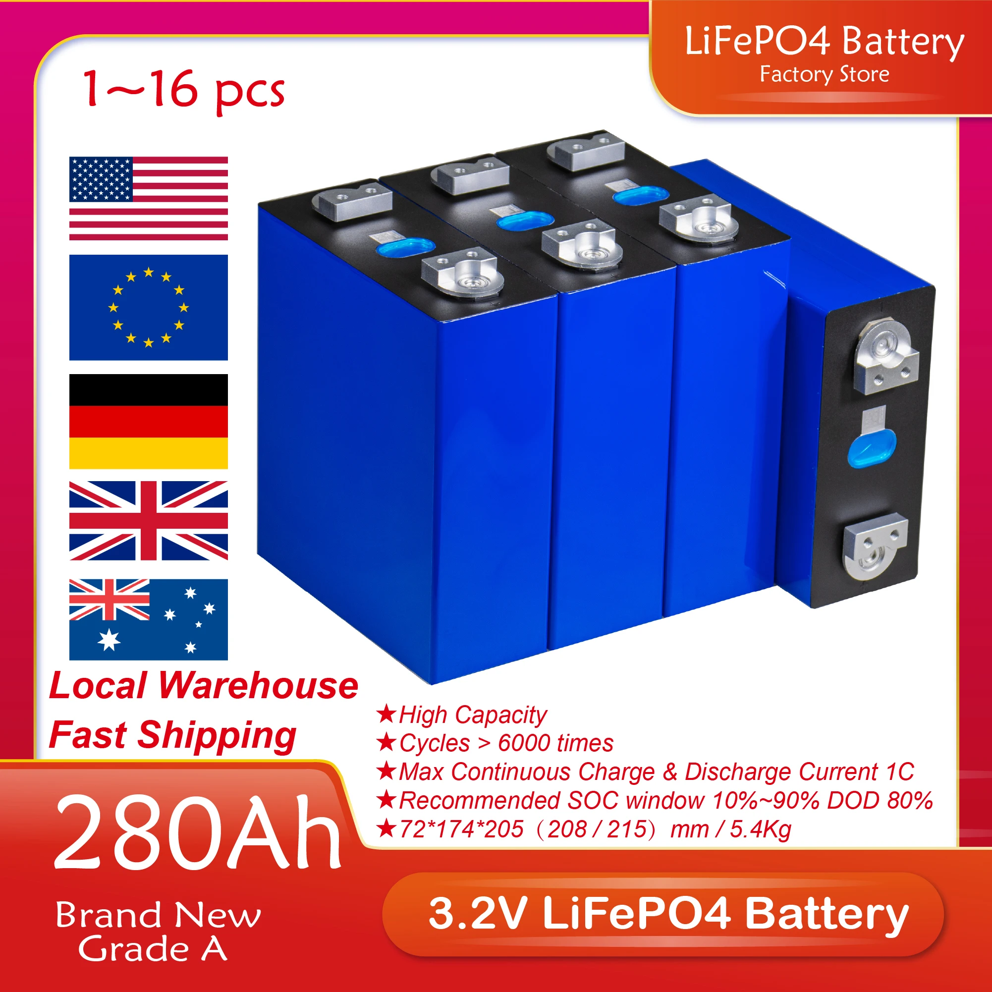 

4/8PCS 3.2V 280AH Prismatic Battery LF280K A Grade Brand New DIY 48V 24V 12V Batterie Pack For Camper Forklift Boats EU Stock