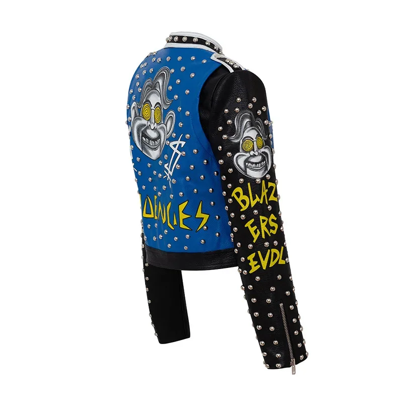 Graffiti Print Cropped Leather Jacket Women 2024 Trend Rock Punk Style Streetwear Motorcycle Faux Leather Studded Jacket