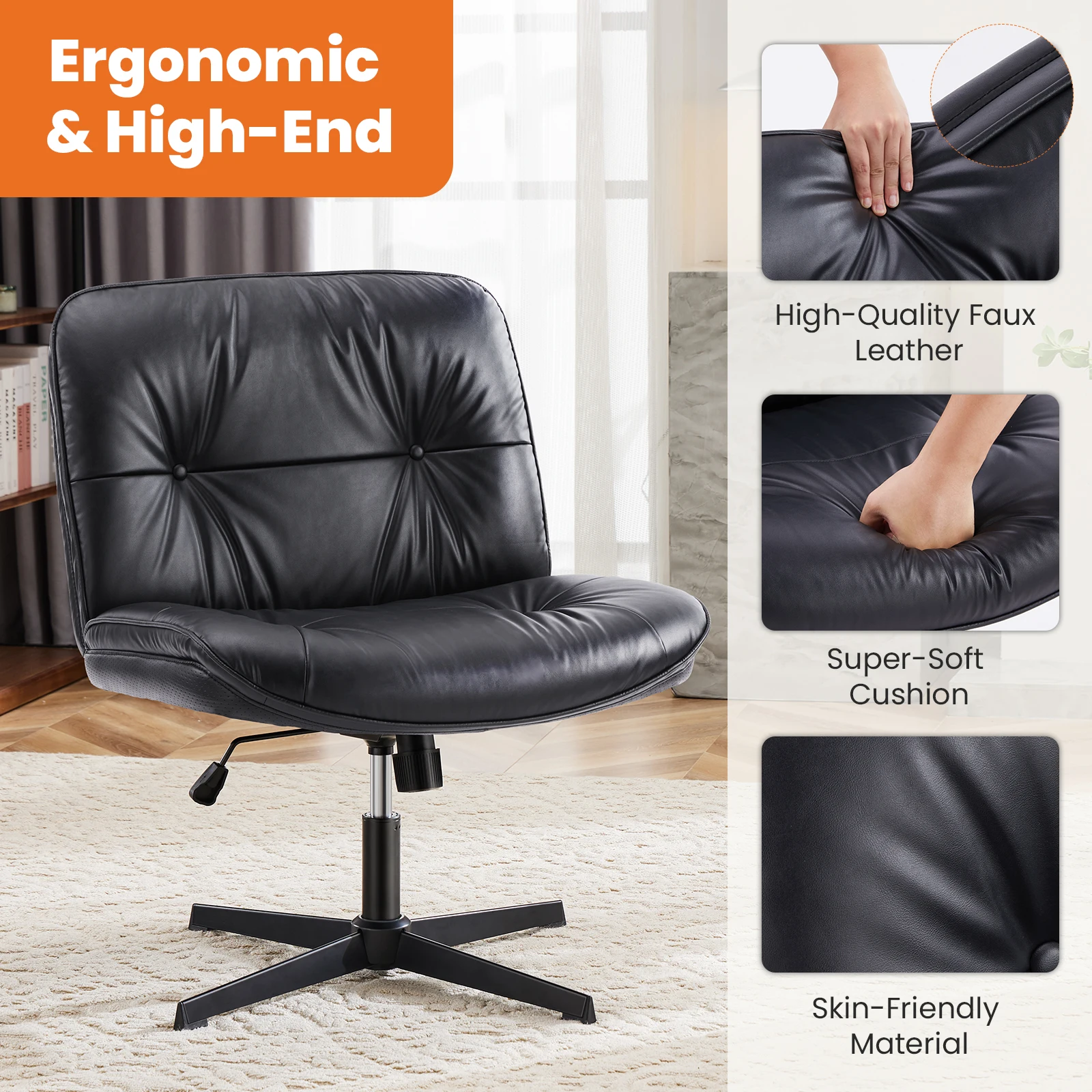 JHK PU Leather Cross Legged Office Chair Armless Desk Chair with Dual-Purpose Base Adjustable Swivel Fabric Task Vanity Home 2