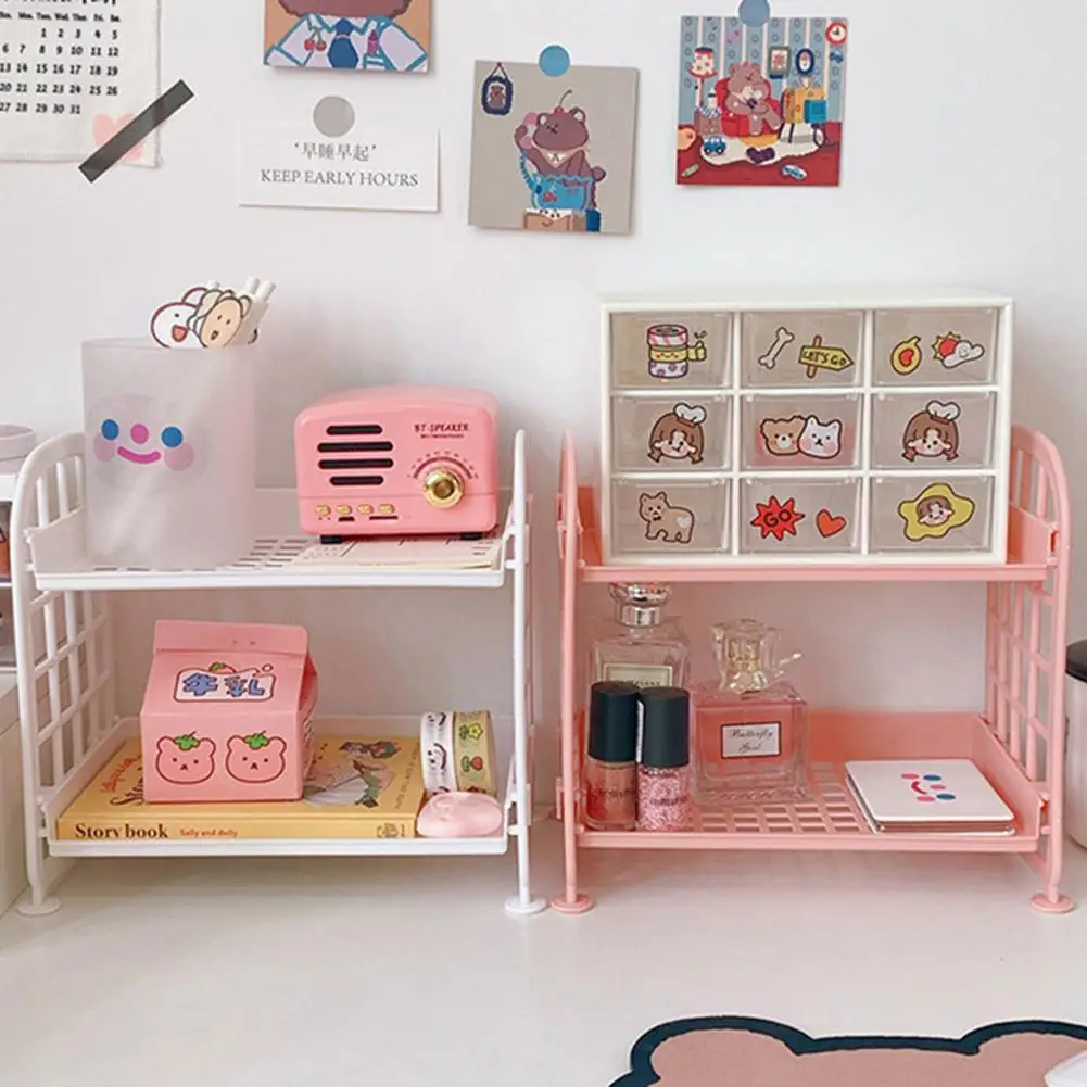 Kawaii Macaron Minimalist Desk Desktop Organizer Storage Rack Student Dormitory Folding Hollow Shelf Skin Care Storage Shelf
