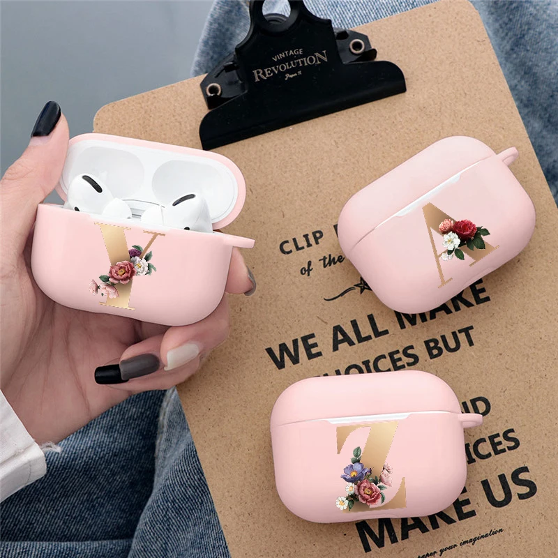 Custodia Per Auricolari Con Lettera Iniziale Az Per Scatola Di Ricarica Apple Per Airpods 1 2 3 Pro Custodia Bluetooth Wireless Rosa Con Fiore Alfabet