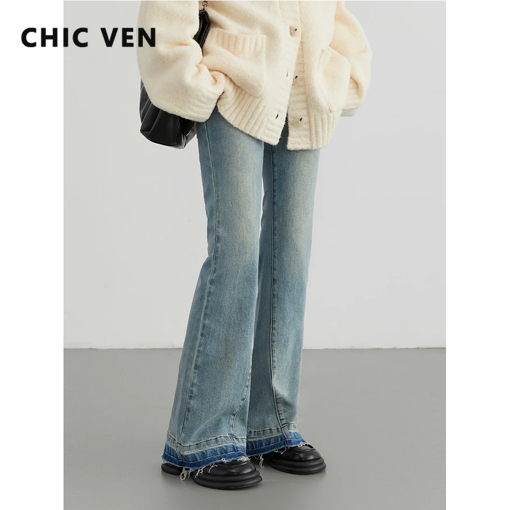 

CHIC VEN Women Blue Jeans High Waisted Distressed Ruffled Flared Horseshoe Denim Pants Floor Length Trousers Spring Autumn 2024