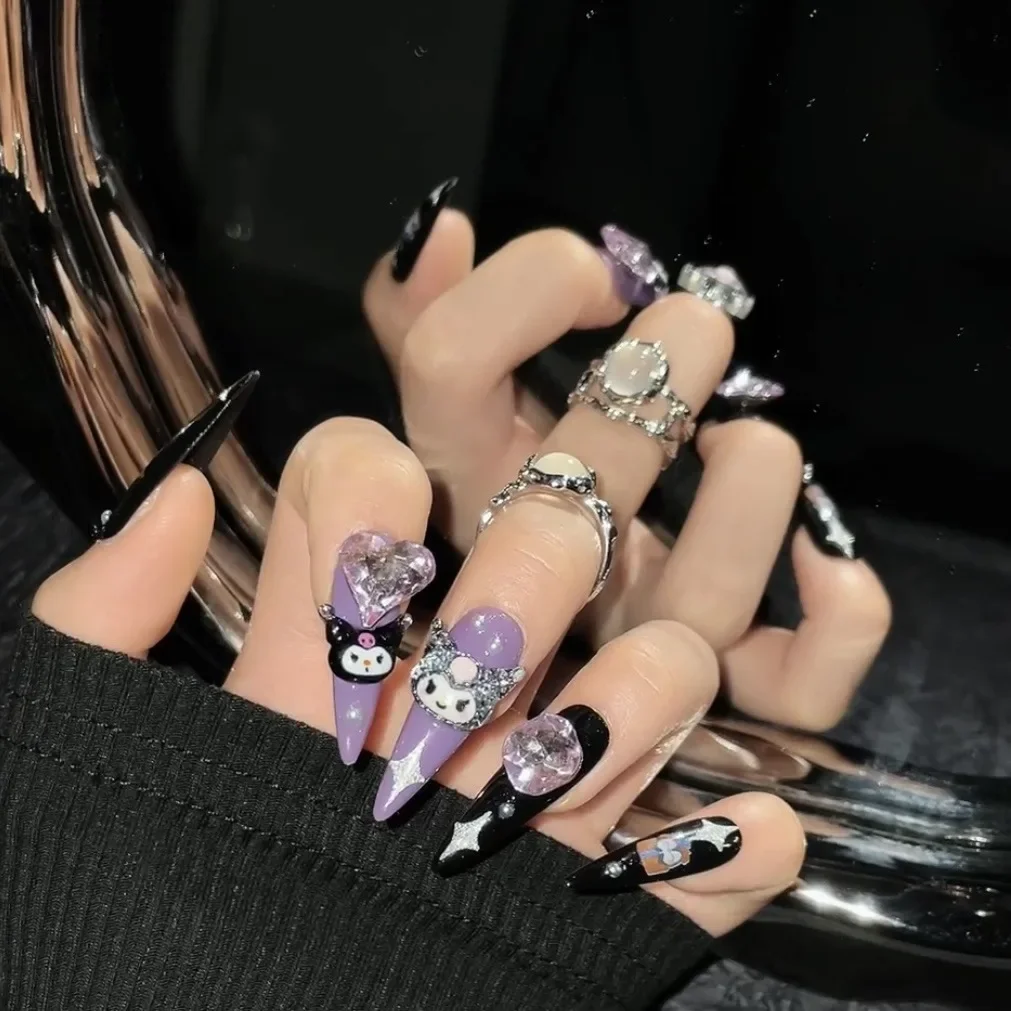 

10 шт. японские милые накладные ногти Kuromi Sanrio кавайные накладные ногти Короткие Длинные Стильные Мультяшные ногти с подвесками Подарки для женщин