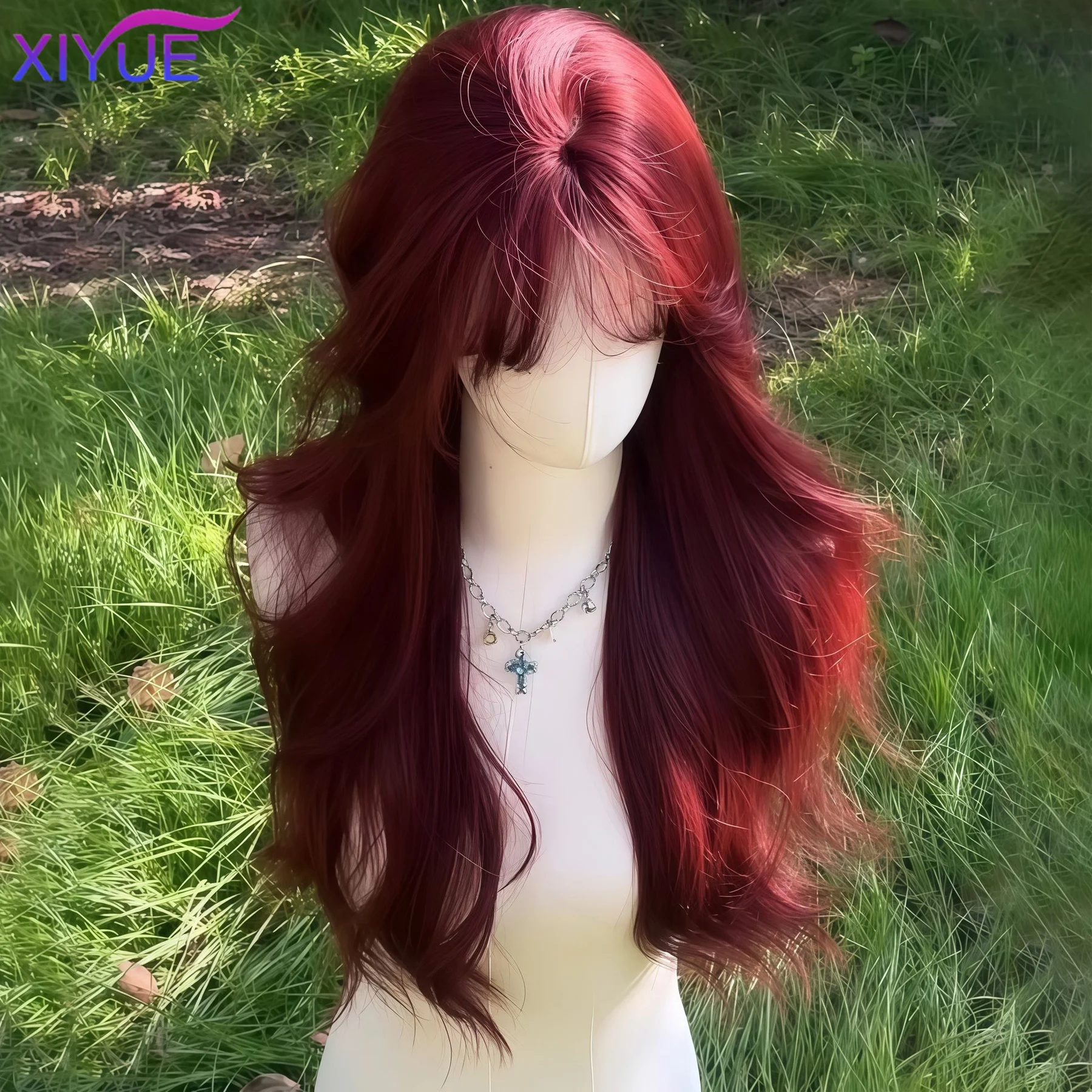 XIYUERed Synthetic Wigs Long Body Wavy Wig Natural Hairline Daily Red Hair Heat Resistant Fiber Smooth Party Cosplay Wig