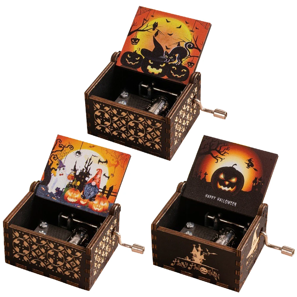 Halloween Eve Wooden Antique Engraved Musical Box Fright Night Musical Box Engraving Nightmare for Halloween Party