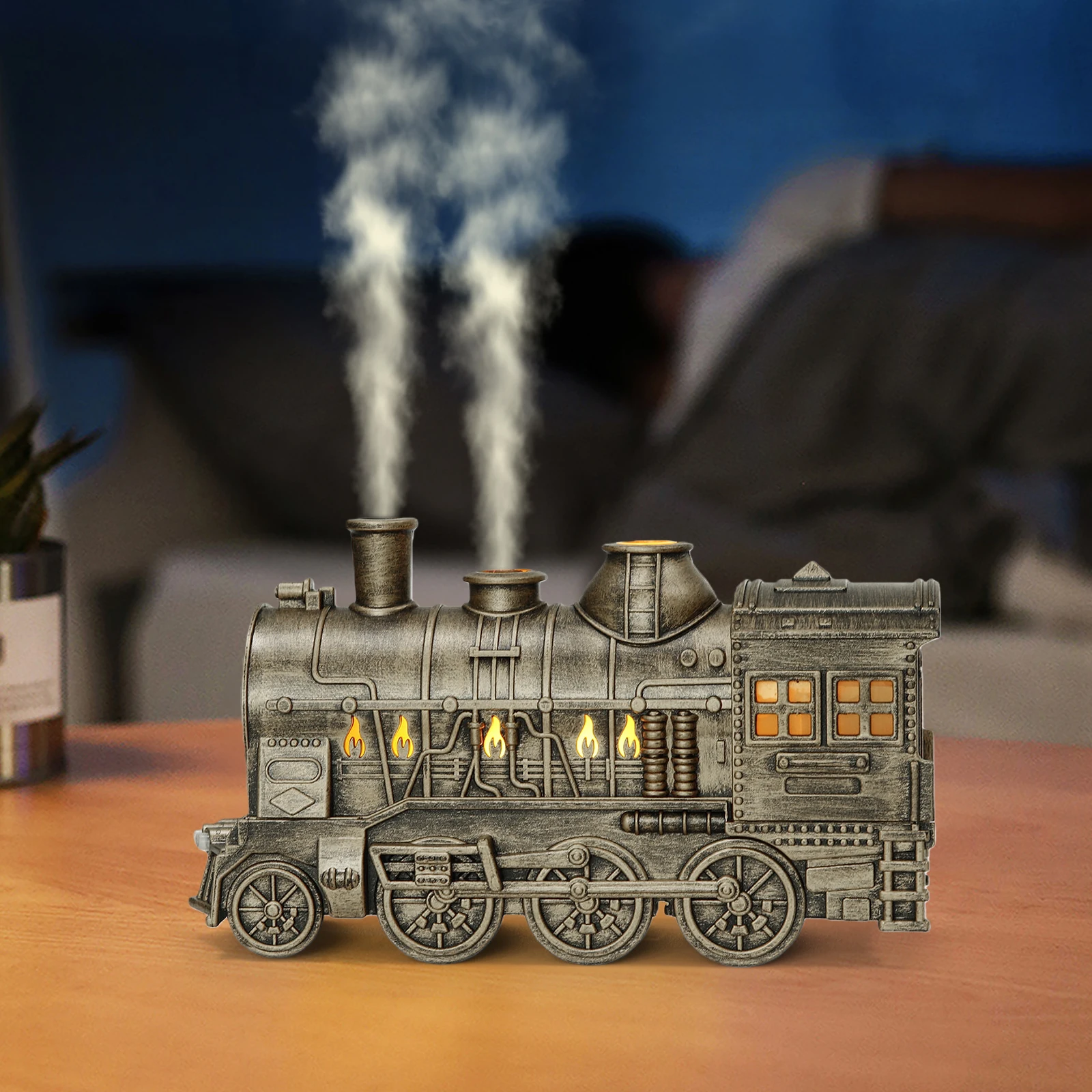 300ML 빈티지 증기 기관차 에센셜 오일 디퓨저(2색 LED 조명 포함) 아로마테라피 디퓨저(리모컨 포함) 공기 가습기