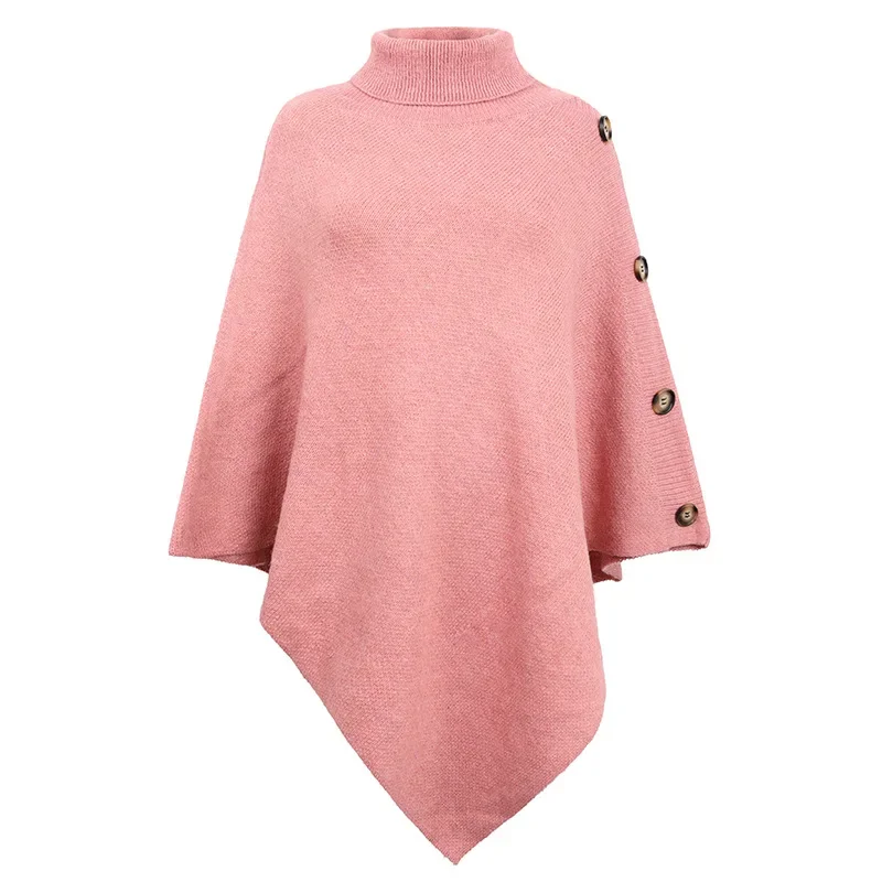

Fashion Autumn Winter Button Poncho Women Sweater Oversized Turtleneck Jumper Knitwear Holiday Vintage Cape Sleeve Pink Cloak
