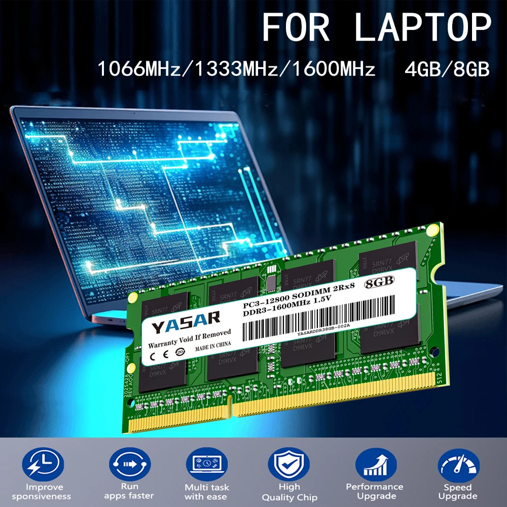 YASAR DDR3 Laptop RAM 4GB 8GB 16GB 1600MHz 1333MHz 1066mhz 204Pins 1.5V SODIMM PC3 8500 10600 12800 Laptop Memory Module Laptop Ram Memory Notebook Ram Memory