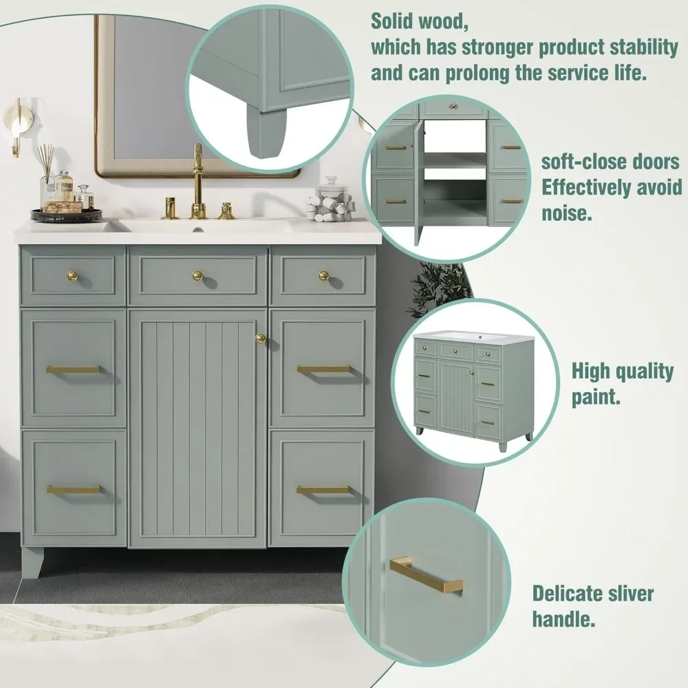 Bathroom Organizers, 36" Bathroom Vanity With Sink, Modern Green Bathroom Vanity With 3 Drawers & Cabinet, Bathroom Cabinet With 4
