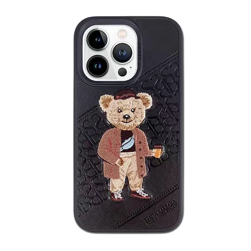 3d bordado bonito gato lobo tigre urso couro caso do telefone para o iphone  14 pro