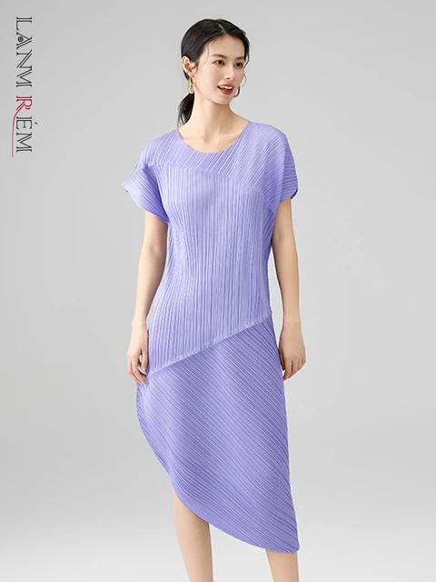 LANMREM Irregular Deisng Pleated Dress For Women 2025 New Loose Casual Round Collar Short Sleeve Vent Summer Dresses 2DB2820