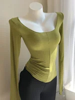 Slim Fit Korean Sle Women's T-irt Pure Color Large round Ne Thin Inner Wear Wood ain  Brand Tag Removed