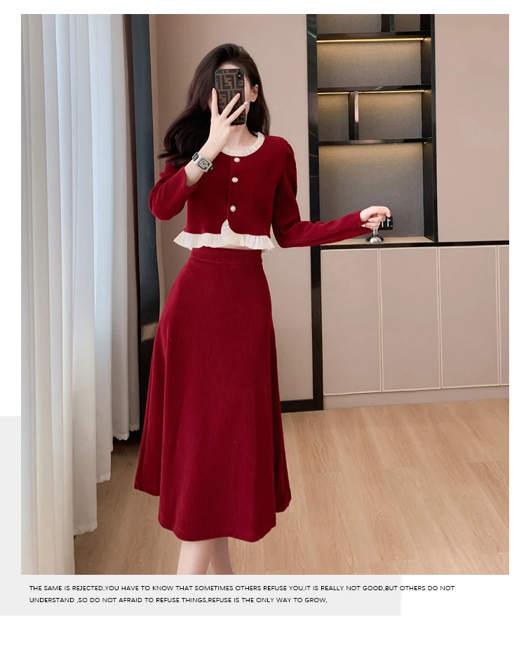 Autumn Winter Corduroy Two-piece Skirt Set Women Long Sleeve Ruffles O-neck Top Solid Midi Skirt Korean Fashion Outfits New