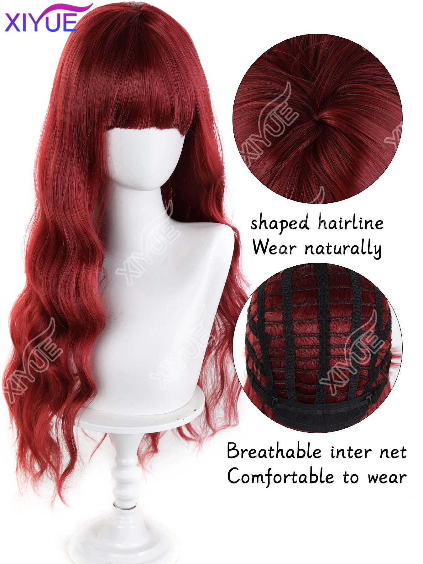 Women's fashion synthetic fiber head set orange wine red bangs long curly hair water ripple high temperature silk wig head set