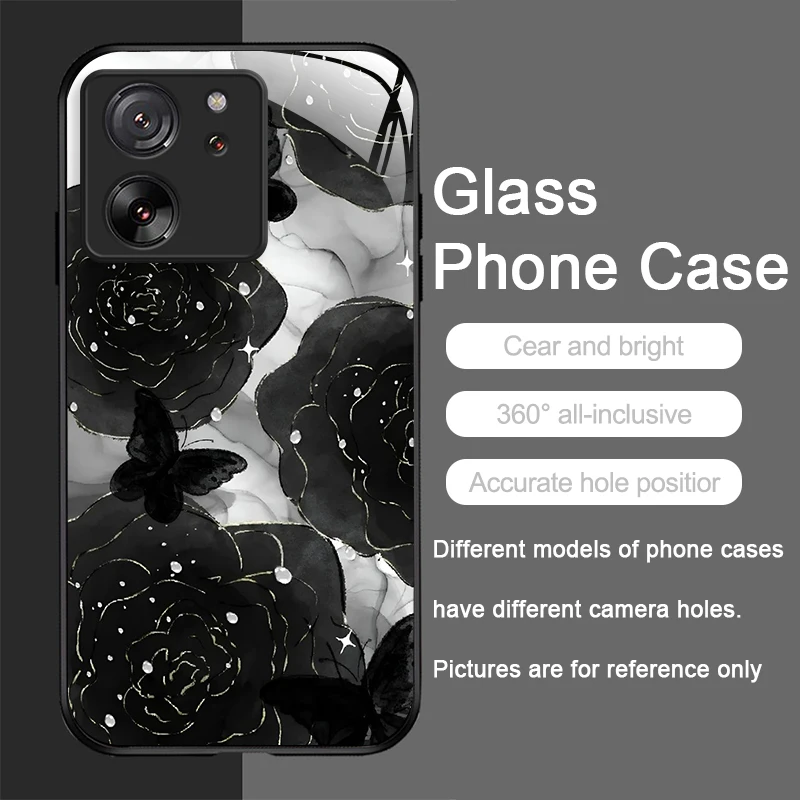 Luxury Black Rose Flower Tempered Glass Phone Case - Elegant Hard Cover