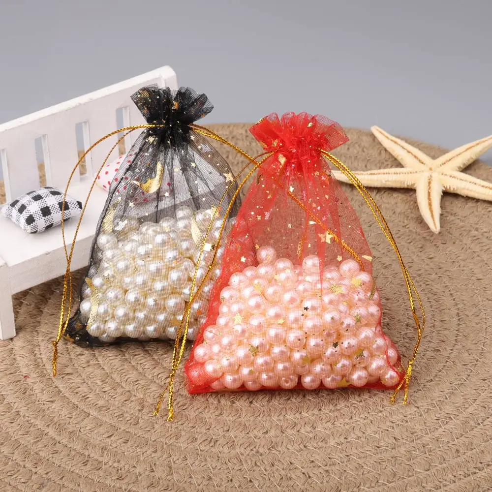 50pcs 9x12cm 스타 문 크리스마스 Organza 선물 가방 매력 보석 포장 Drawstring 가방 & 파우치 도매