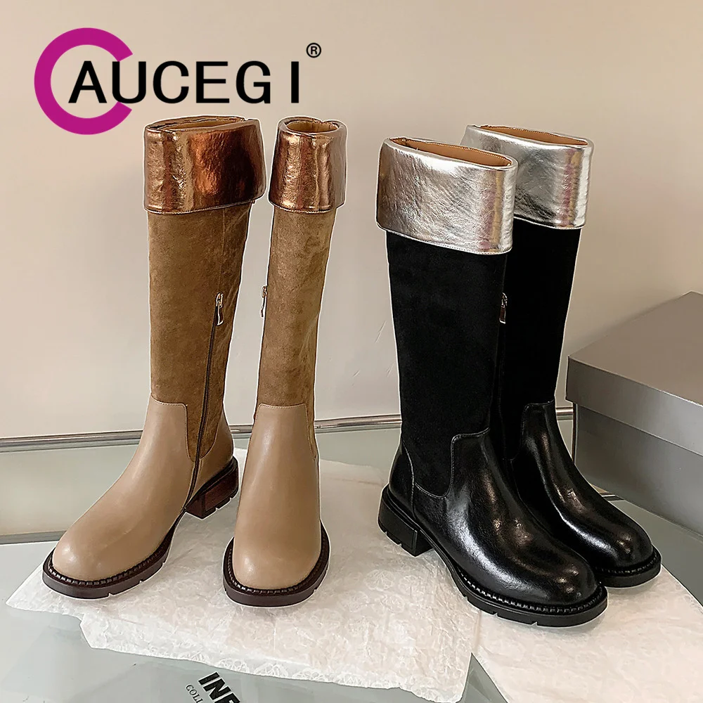 

Aucegi New Genuine Leather Women Round Toe Knight Fold Knee High Boots Thick Heels Autumn Winter Zip Party Dress Shoes Apricot