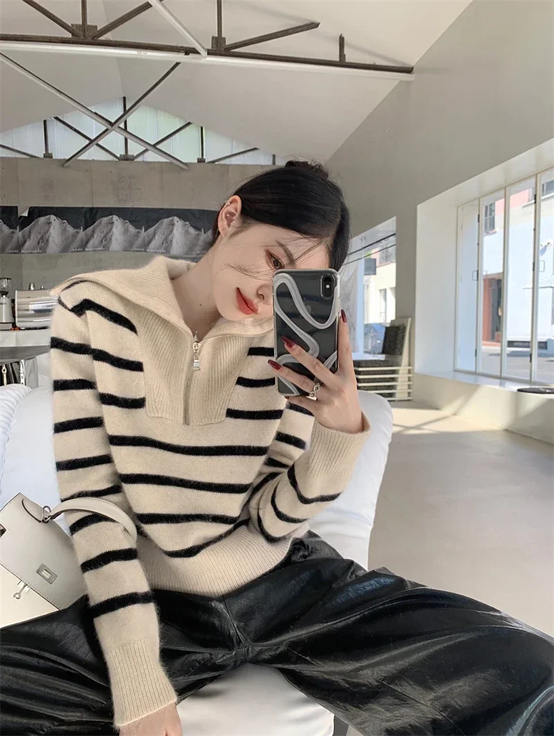 Women's Autumn Winter New Fashion Retro Lapel Half Zipper Contrasting Stripes Sweater Casual Long Sleeved Loose Knitted Coat