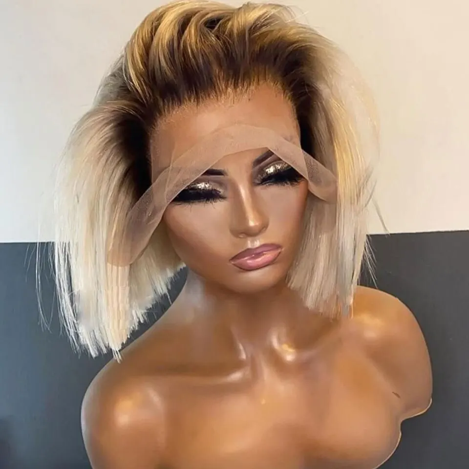 S405297e76f54406387f533cfe059a461K Short Bob Wig Ombre Blonde Lace Front Synthetic Wigs For Women Straight 150 Density 13x3 Colored Dark Roots Glueless Wig Mallzona