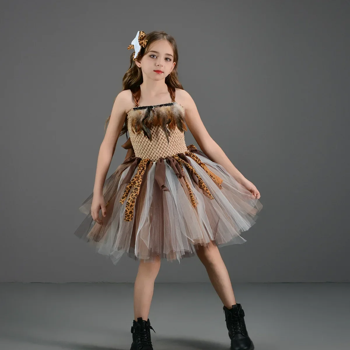 Cosplay Costume Kids Girls Dress Animal Tutu Skirt Outfit Cave Leopard Girl Tutu Dress Wild Man Indigenous Primitive Person Animal Kid Baby Cosplay Birthday Jungle Party Dresses Costume