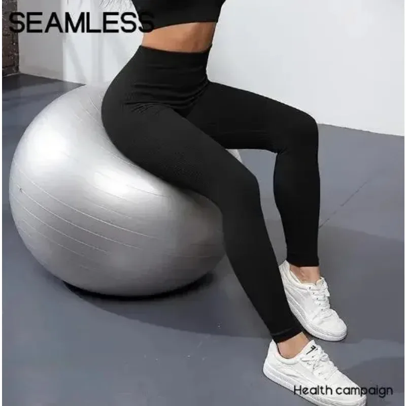 Women High Waist Seamless Thread Knitted Yoga Leggings Hip Lifting High Elastic Slim Training Running Gym Fitness Fashion Pants 2