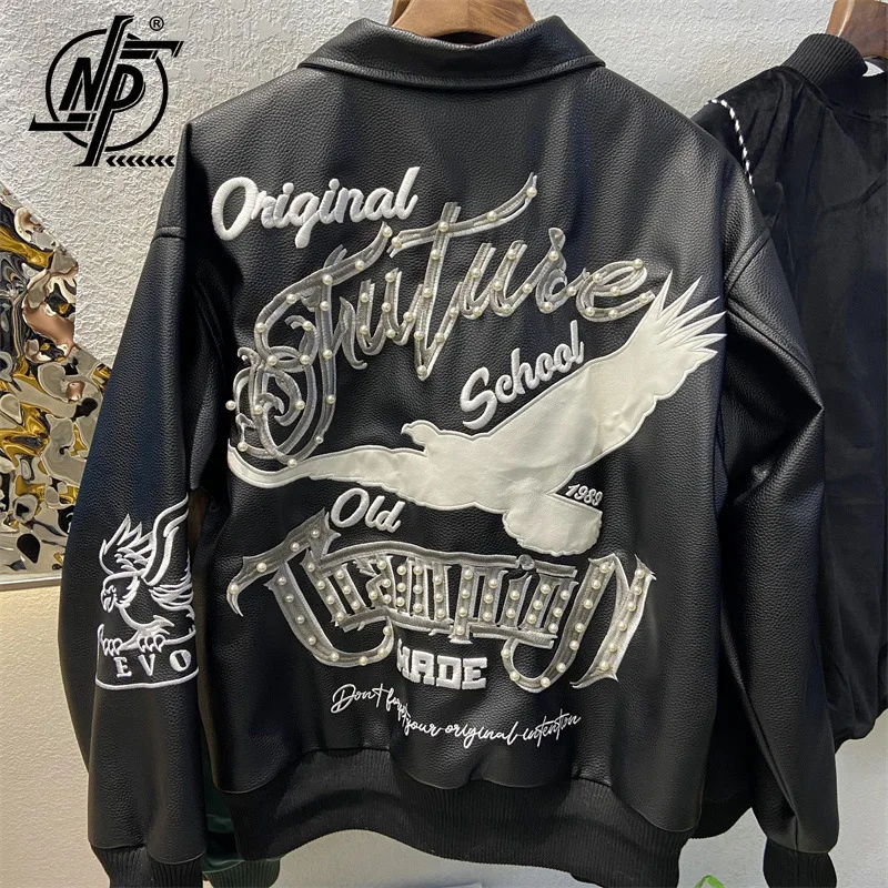 

Men PU Leather Bomber Jackets Oversized Kanye Heavy Industry Pearl Eagle Embroidery Unisex Autumn High Street Oversize Jacket
