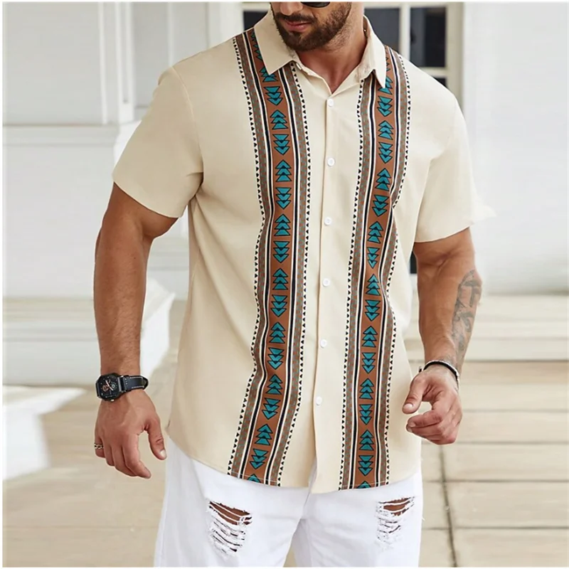 Men's Shirt Pattern Print Geometric Lapel Shirt Brown Outdoor Street Short Sleeve Clothing Fashion Streetwear Designer Casual