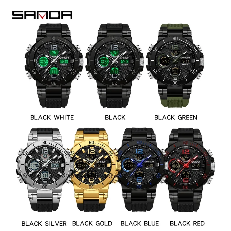 SANDA 6167 Sport Watch For Men Military Quartz Watch Waterproof Dual Display Digital Wristwatch for Men Clock Relogios Masculino