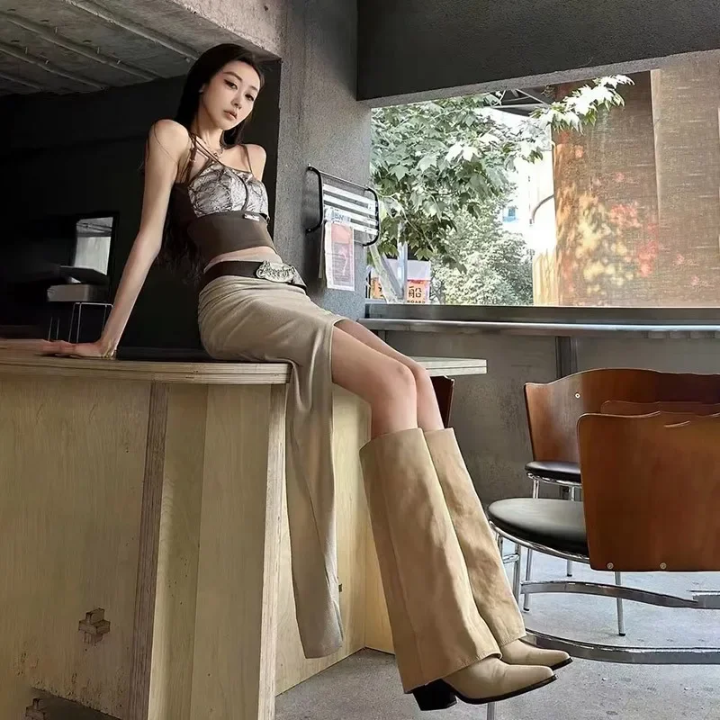 Chunk Leather High Boots Women Knee High Pointer Toe Heels Shoes Woman Trend Chelsea Boots New Pumps Mujer Snow Gladiator Botas