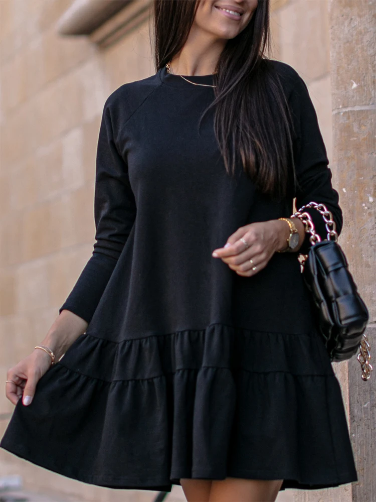

Mini Dress Women 2022 Autumn Winter Fashion Casual O-neck Black Dress Elegant Long Sleeve Loose Ruffles Blue Dresses For Femme
