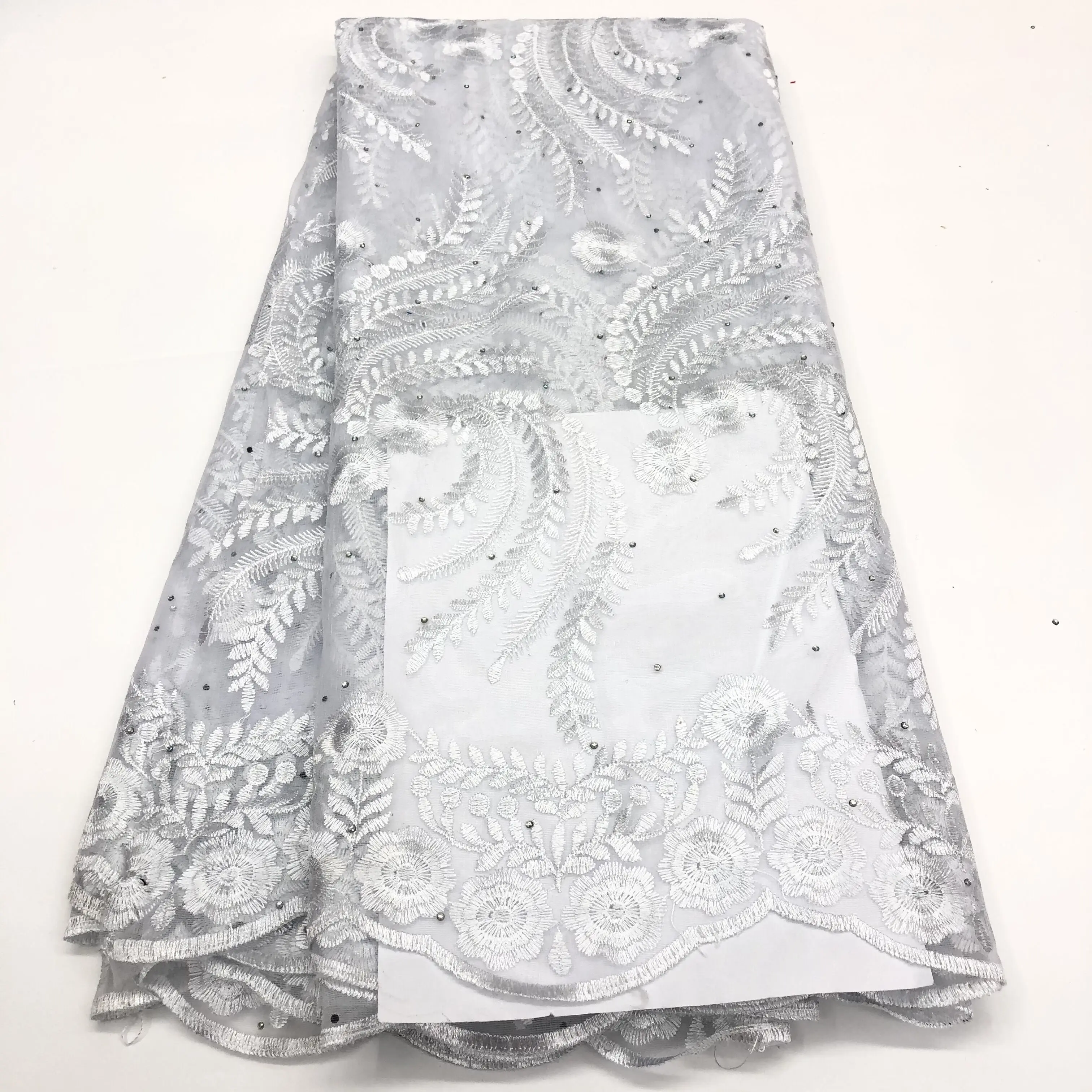 White color net lace fabric design with 
