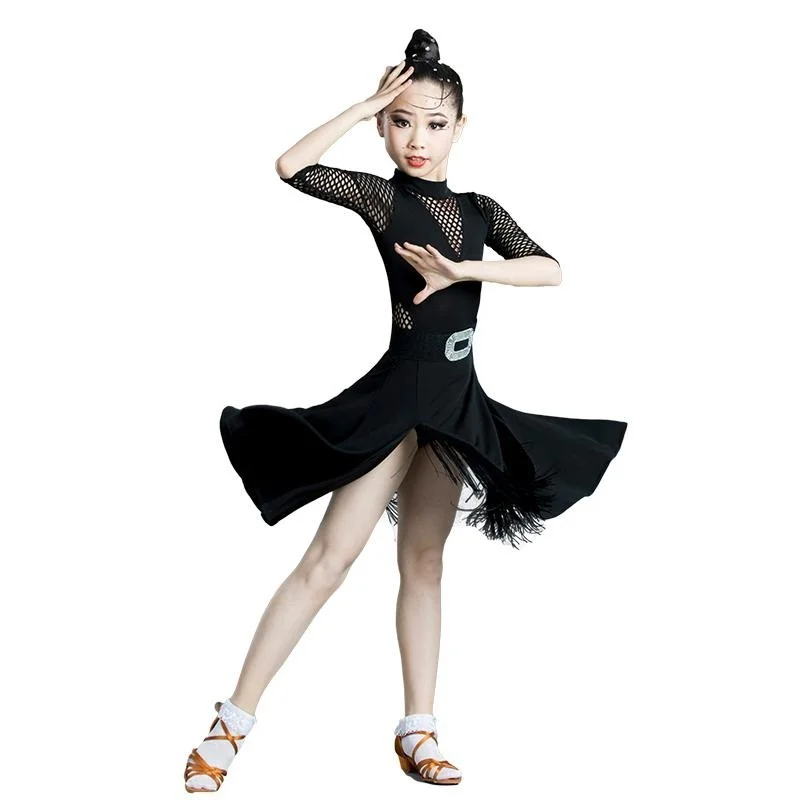 

Children Latin Dance Dress Mid Sleeve Mesh Tassel Girls Competition Ballroom Kids Tango Salsa Dancewear Practice Wear