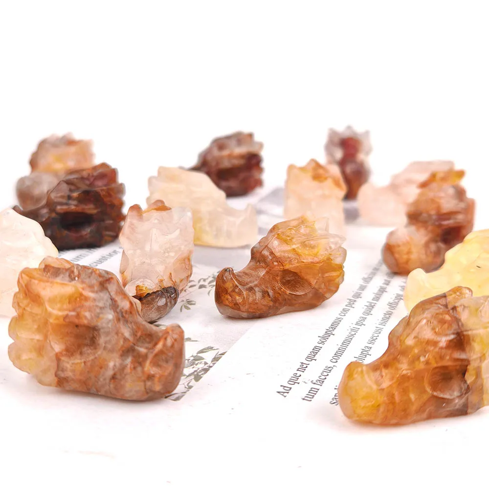 水晶(ゴールデンヒーラー共生)　龍　彫り物 天然水晶ゴールデンヒーラーミニドラゴンヘッドスカル型彫刻イエロー